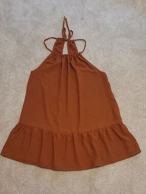 Al'Mage Rust Halter Ruffle Hem Mini Dress